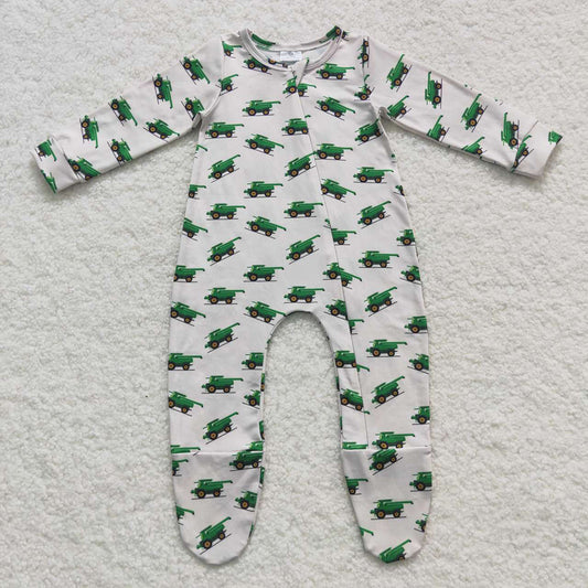 Grey Green Tractor Long Sleeve Baby Kids Infant Rompers