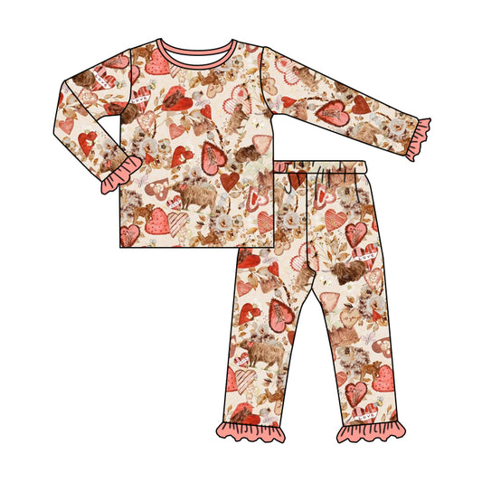 Baby Girls Western Red Valentines Highland Cow Pants Jammies Pajamas Sets Preorder(moq 5)