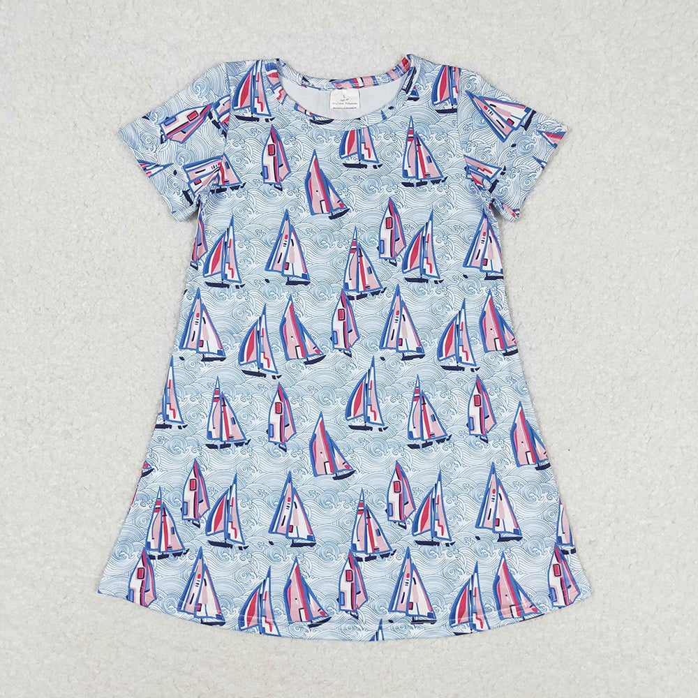 Baby Girls Sail Boats Short Sleeve Knee Length Dresses