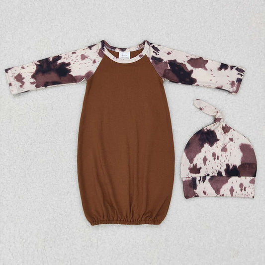 Baby Newborn Girls Brown Cowhide Long Sleeve Gowns(Need choose hats if you need)