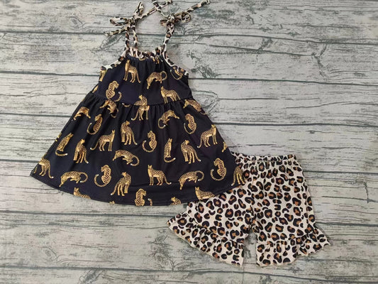 Baby Girls Straps Cheetah Tunic Top Ruffle Shorts Clothing Sets Preorder(moq 5)