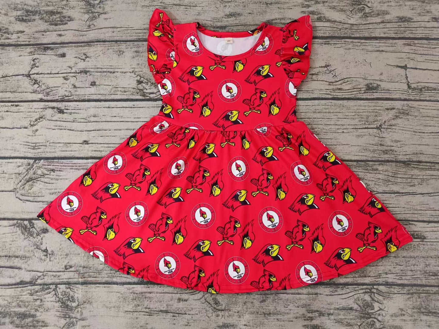 Baby Girls Team Flutter Sleeve bird red Knee Length Dresses Preorder(moq 5)