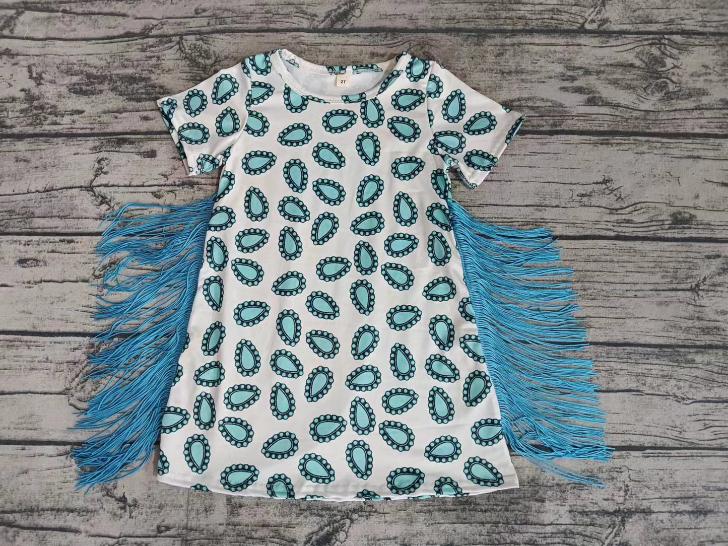 Baby Girls Western Turquoise Tassels Knee Length Dresses Preorder(moq 5)