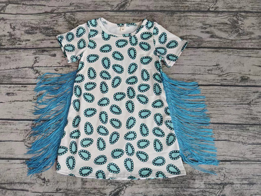 Baby Girls Western Turquoise Tassels Knee Length Dresses Preorder(moq 5)