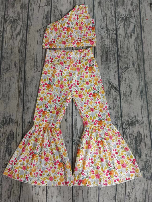 Baby Girls Flowers One Shoulder Crop Top Tee Shirts Bell Bottom Pants Clothes Sets Preorder(moq 5)