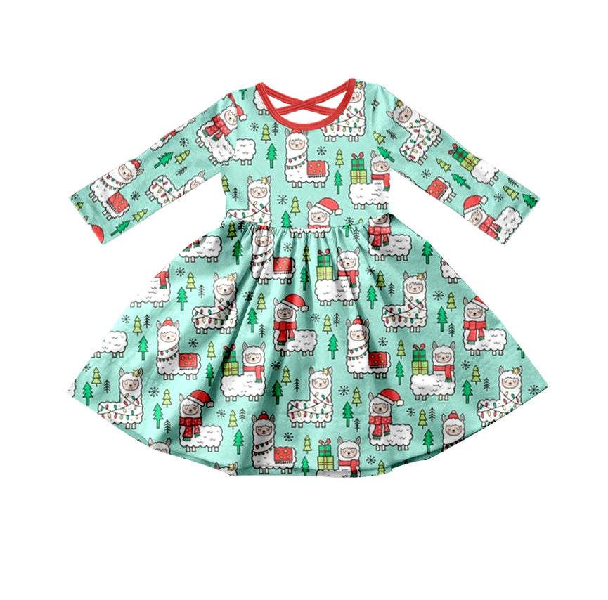 Baby Girls Christmas Llama Top Blue Tree Knee Length Dresses preorder(moq 5)