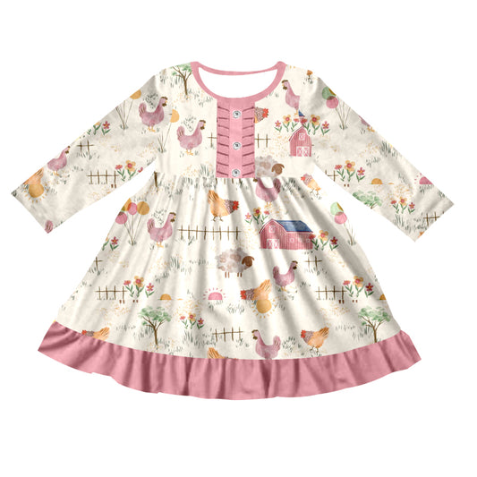 Baby Girls Pink Farm Chicken Ruffle Knee Length Dresses preorder(moq 5)