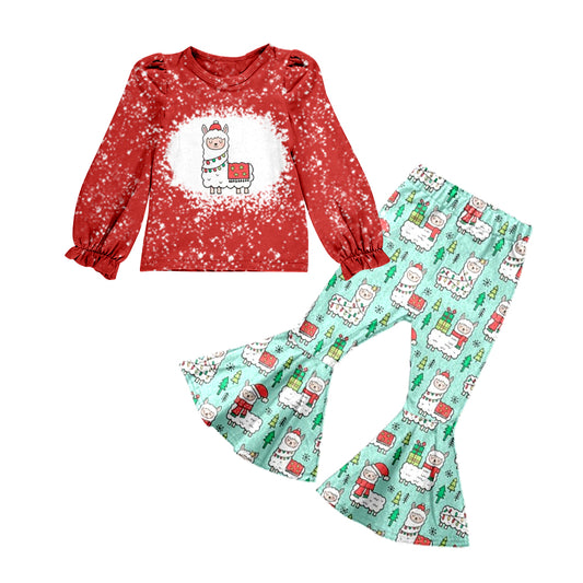 Baby Girls Christmas Llama Top Blue Tree Bell Pants Sets preorder(moq 5)