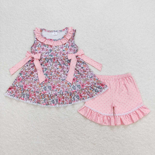 Baby Girls Pink Flowers Bows Tunic Tops Ruffle Shorts Clothes Sets
