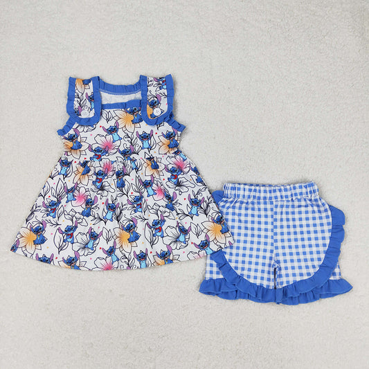 Baby Girls Blue Mouse Tunic Top Ruffle Shorts Clothes Sets