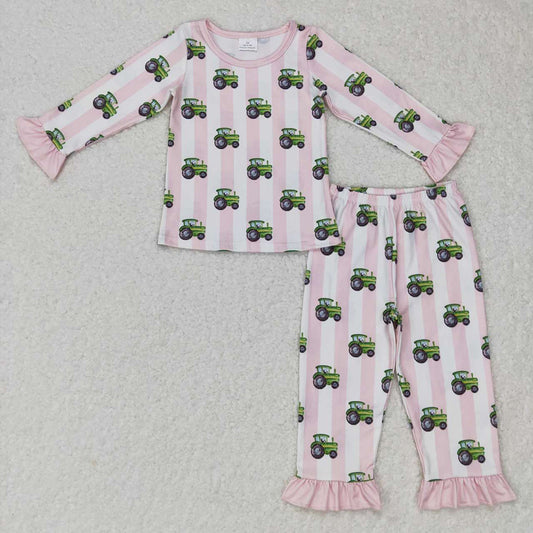 Baby Girls Pink Stripes Tractor Top Pants Pajamas Clothing Sets