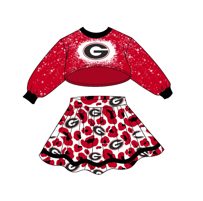 Baby Girls Red G Long Sleeve Top Leopard Skirts Sets preorder(moq 5)