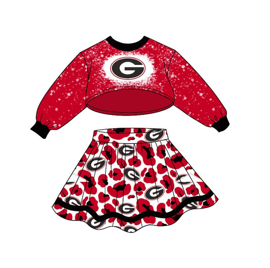 Baby Girls Red G Long Sleeve Top Leopard Skirts Sets preorder(moq 5)