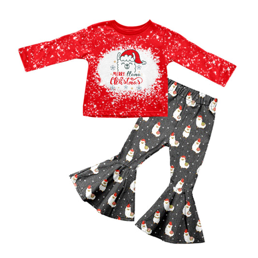 Baby Girls Merry Christmas Llama Red Top Black Bell Pants Clothes Sets preorder(moq 5)