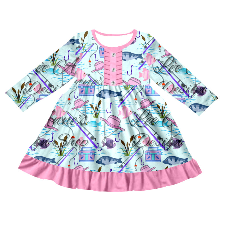 Baby Girls Pink Fishing Ruffle Knee Length Dresses preorder(moq 5)