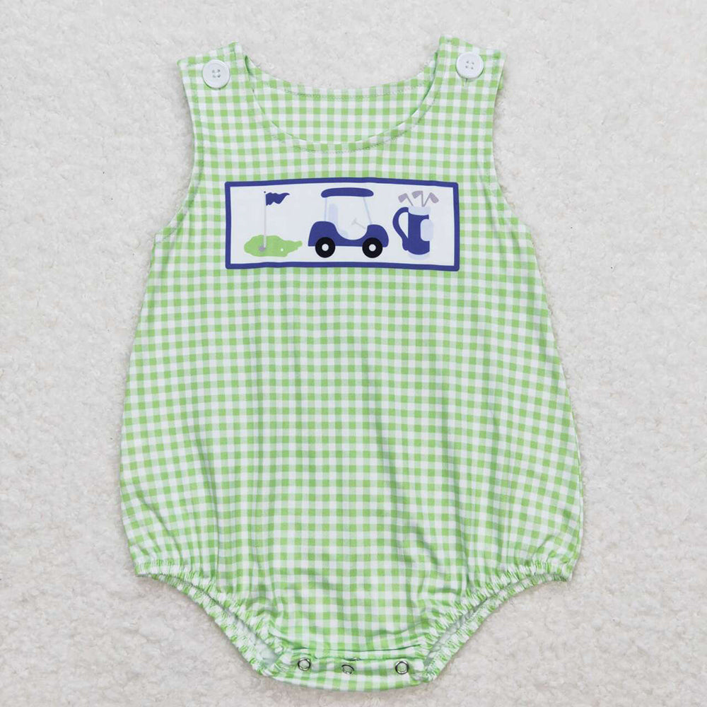 Baby Infant Boys Golf Hole In One Green Checkered Sleeveless Rompers
