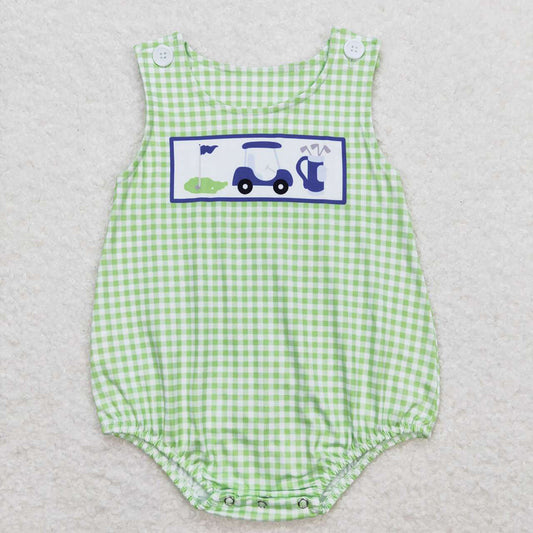 Baby Infant Boys Golf Hole In One Green Checkered Sleeveless Rompers