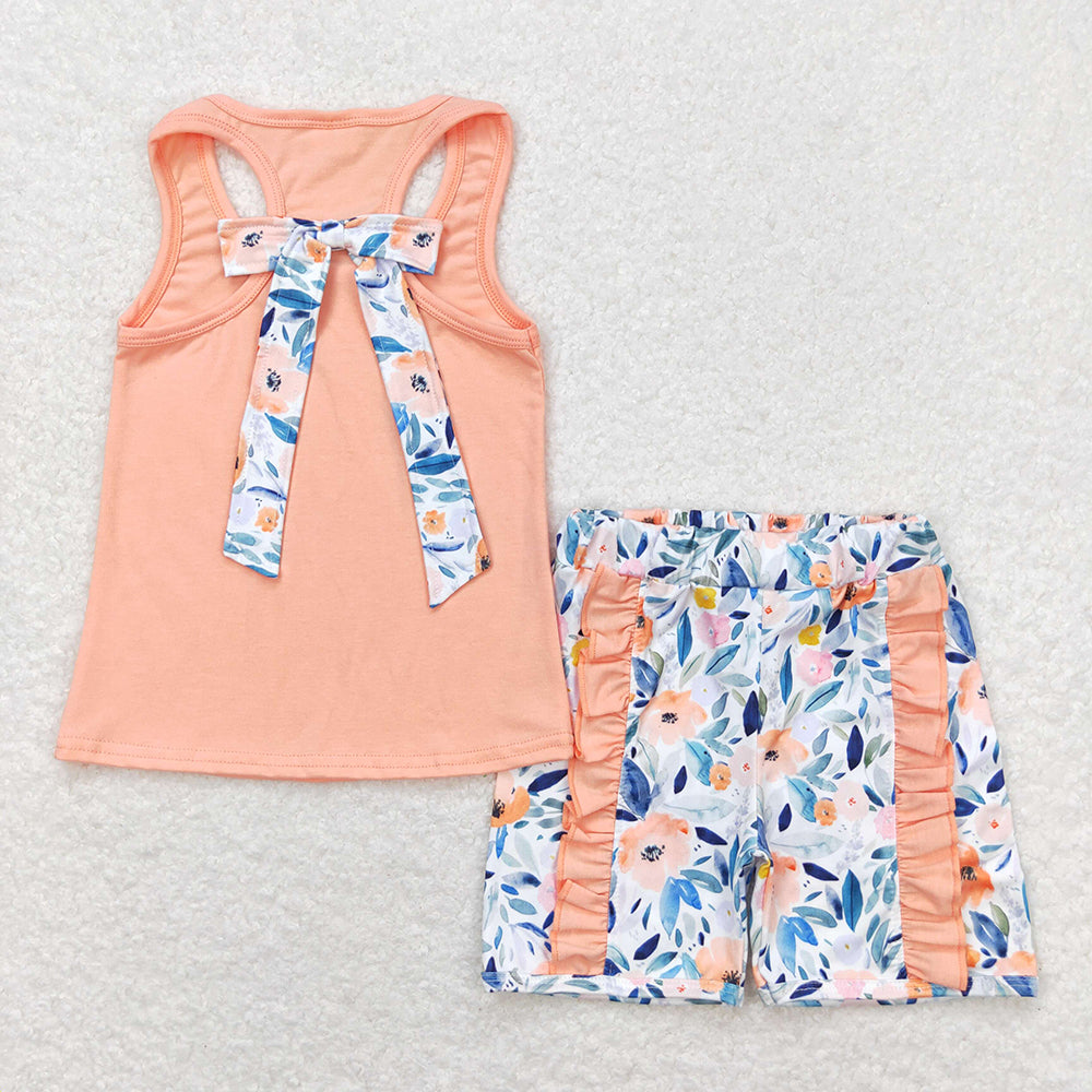 Baby Girls Orange Vest Bows Top Ruffle Floral Shorts Clothes Sets