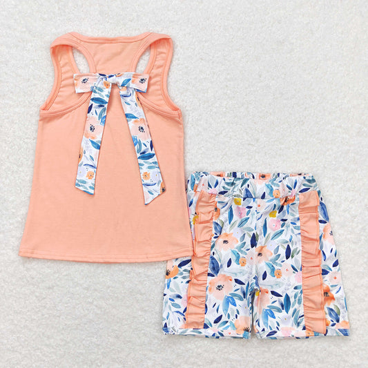 Baby Girls Orange Vest Bows Top Ruffle Floral Shorts Clothes Sets