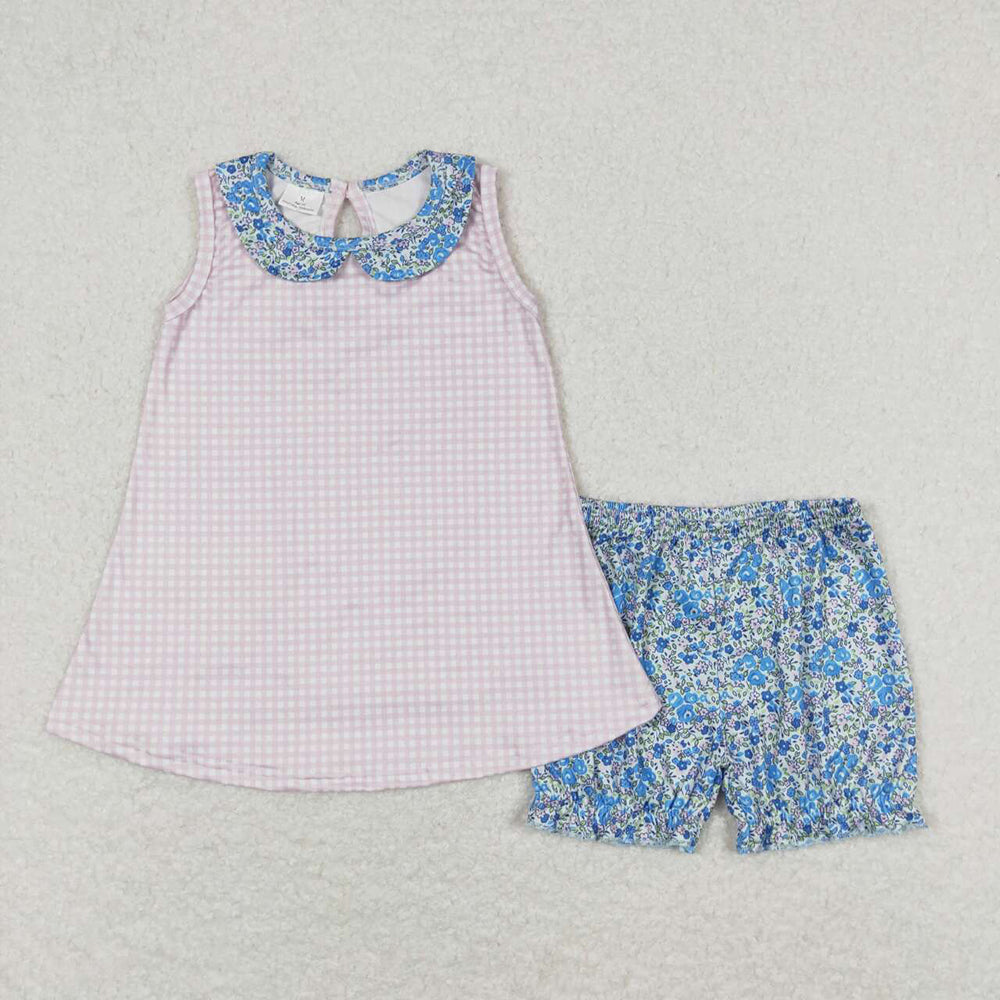 Baby Girls Pink Checkered Collar Tunic Top Shorts Clothes Sets