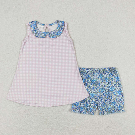 Baby Girls Pink Checkered Collar Tunic Top Shorts Clothes Sets