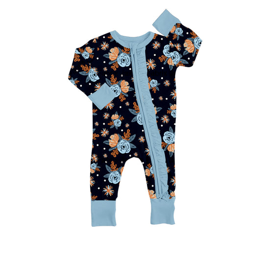 Baby Infant Girls Navy Floral Ruffle Long Sleeve Zip Rompers preorder(moq 5)