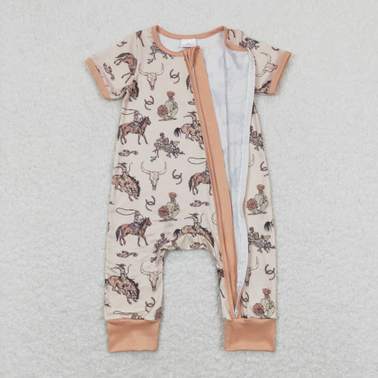 Baby Infant Boys Rodeo Cow Skull Summer Zip Rompers