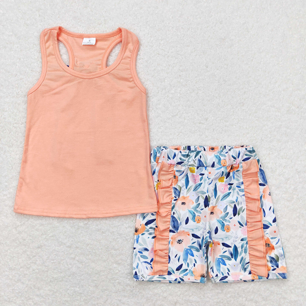 Baby Girls Orange Vest Bows Top Ruffle Floral Shorts Clothes Sets