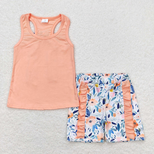 Baby Girls Orange Vest Bows Top Ruffle Floral Shorts Clothes Sets