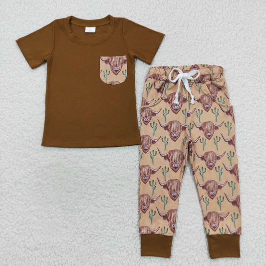 Baby Boys Cow Cactus Pocket Top Pants Clothes Sets