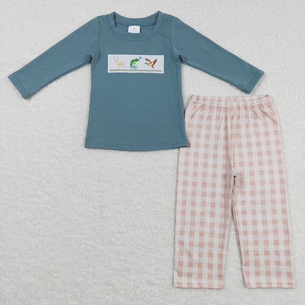 Fishing Deer Duck Baby Boys Kids Blue Shirt Pants Fall Clothes Sets