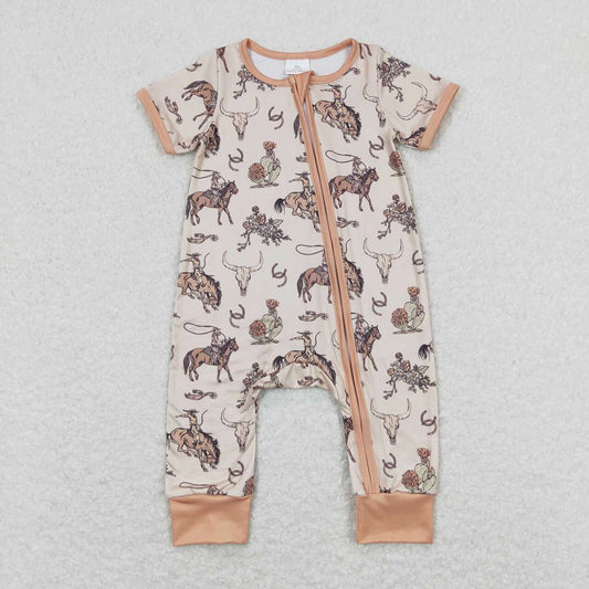 Baby Infant Boys Rodeo Cow Skull Summer Zip Rompers