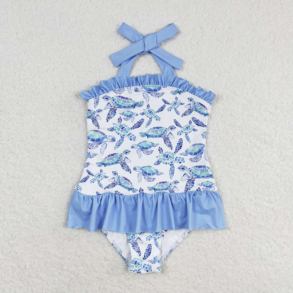 Baby Girls One Piece Ruffle Halter Turtles Swimsuits