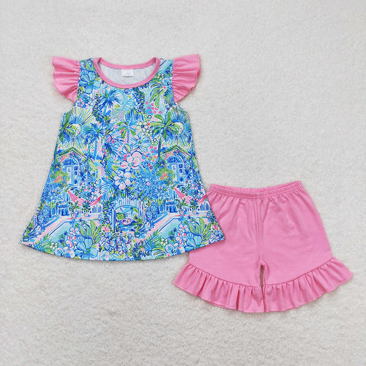 Baby Girls Blue Flowers Tunic Ruffle Shorts Clothes Sets