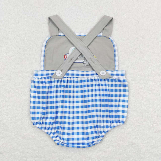Baby Infant Boys Blue Checkered Police Car Summer Rompers