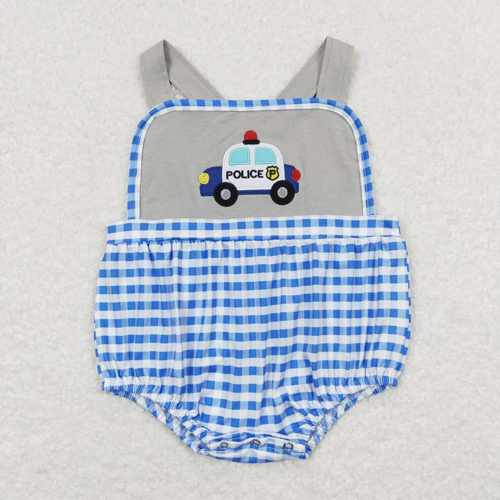 Baby Infant Boys Blue Checkered Police Car Summer Rompers
