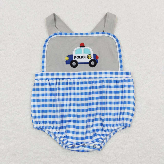 Baby Infant Boys Blue Checkered Police Car Summer Rompers