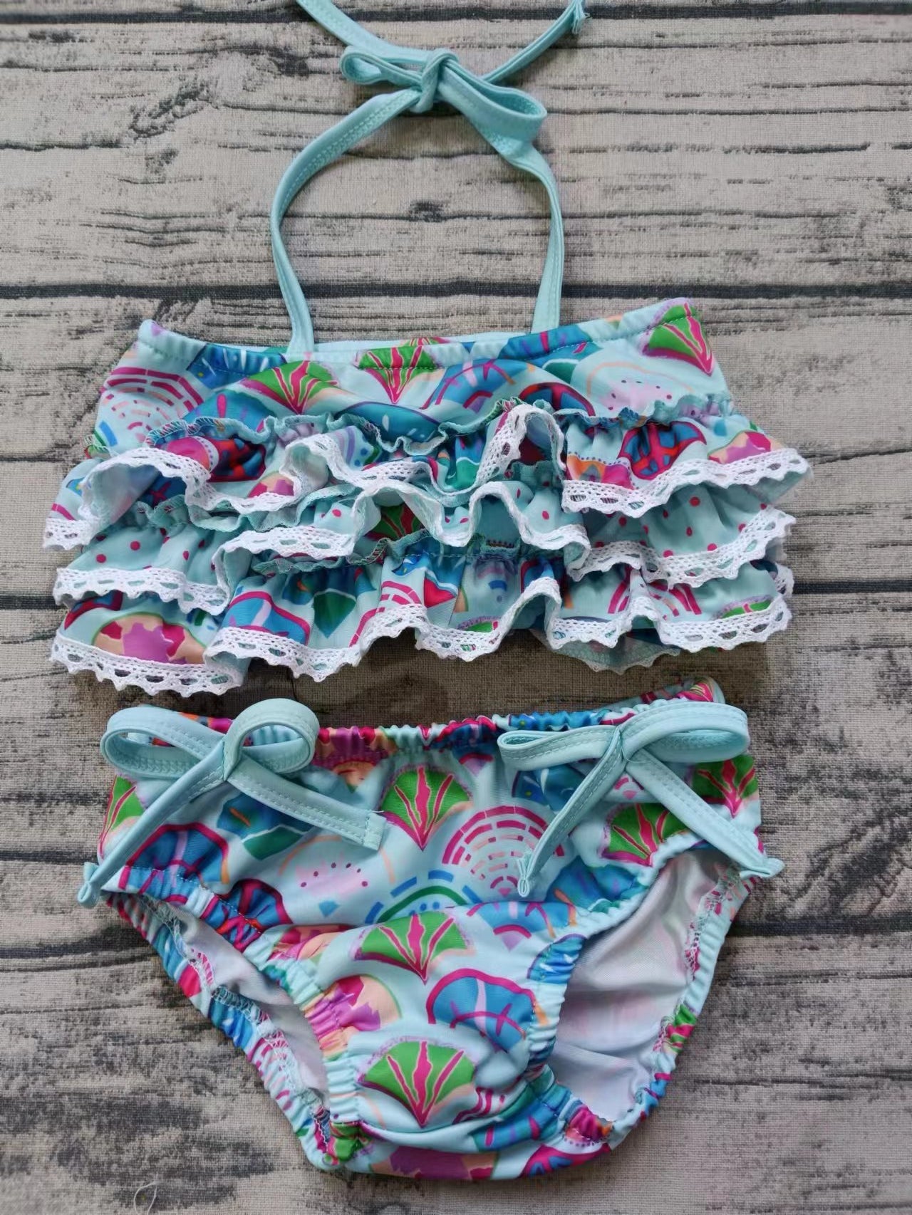 Baby Girls Blue Water Sea Shells Ruffle Top Bummie Swimsuits Preorder(moq 5)