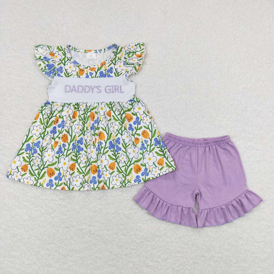 Baby Girls Daddy's Girl Tunic Purple Flowers Ruffle Shorts Clothes Sets