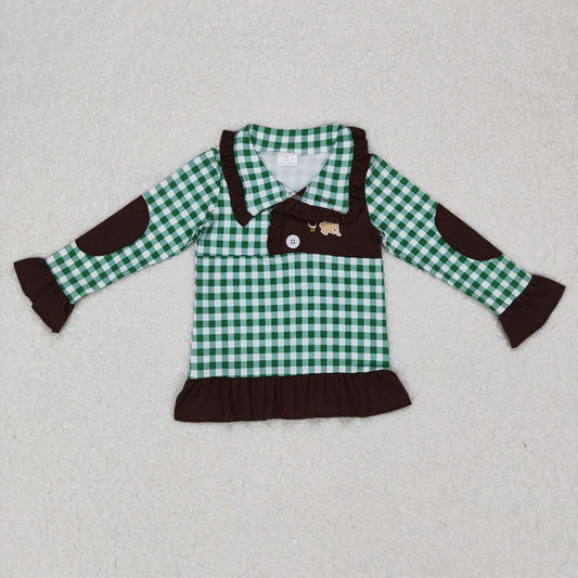 Baby Girls Hunting Green Checkered Long Sleeve Elbow Pullover Tee Shirt Tops