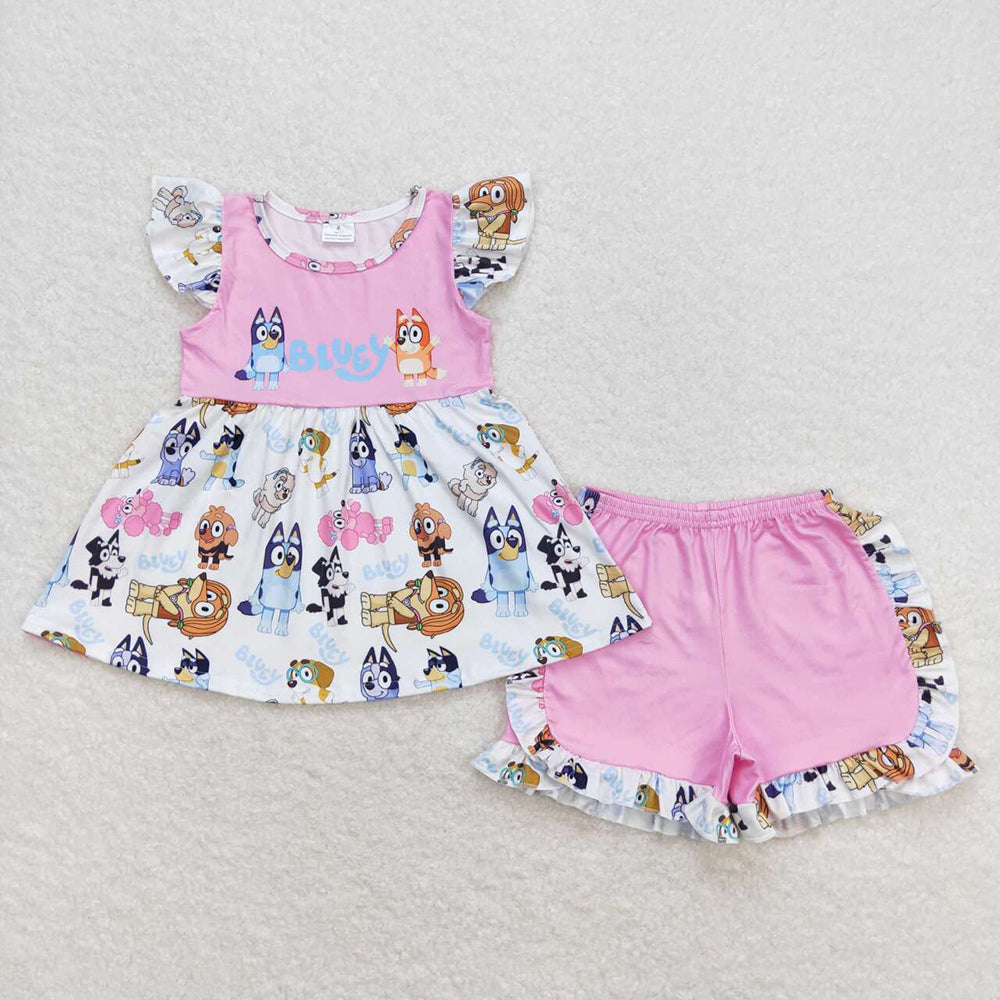 Baby Girls Pink Dog Flutter Sleeve Tunic Top Ruffle Shorts Clothes Sets