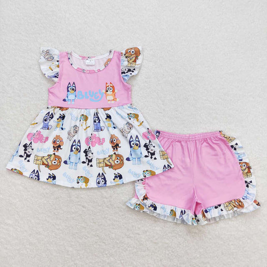 Baby Girls Pink Dog Flutter Sleeve Tunic Top Ruffle Shorts Clothes Sets