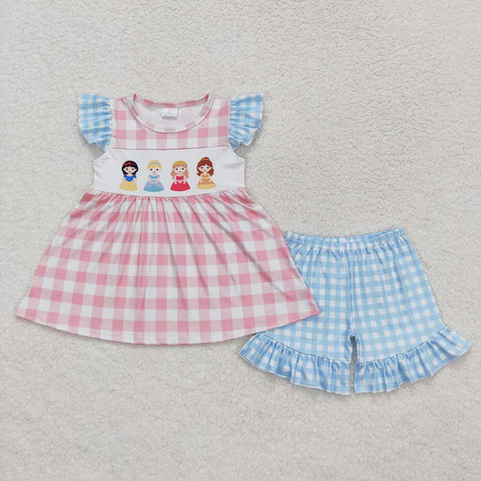 Baby Girls Pink Princess Checkered Tunic Top Ruffle Shorts Clothes Sets