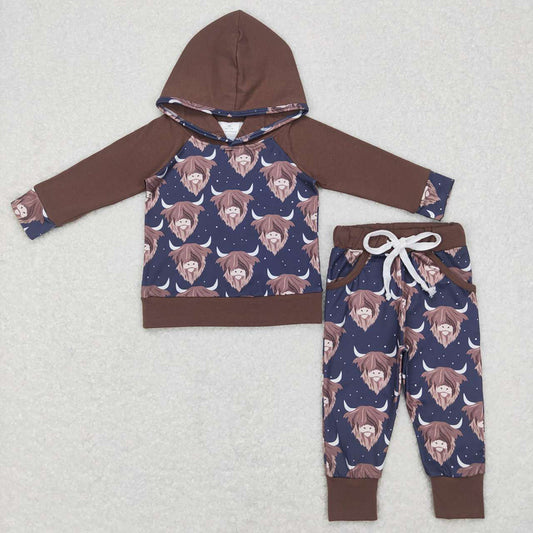 Baby Boys Long Sleeve Hooded Highland Cow Tops Pants Clothes Sets