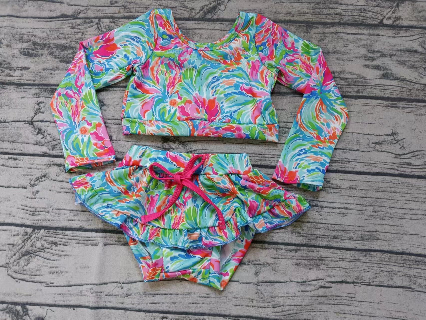 Baby Girls Blue Water Flowers Long Sleeve Top Bummie Swimsuits Preorder(moq 5)