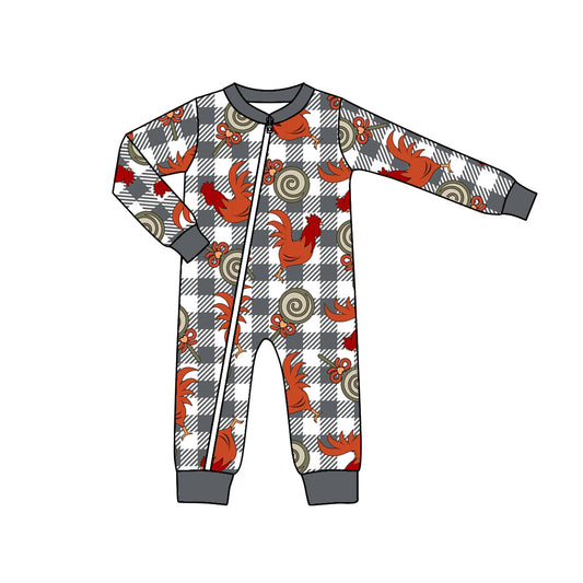 Baby Kids Boys Long Sleeve Chicken Grey Checkered Zip Rompers preorder(moq 5)