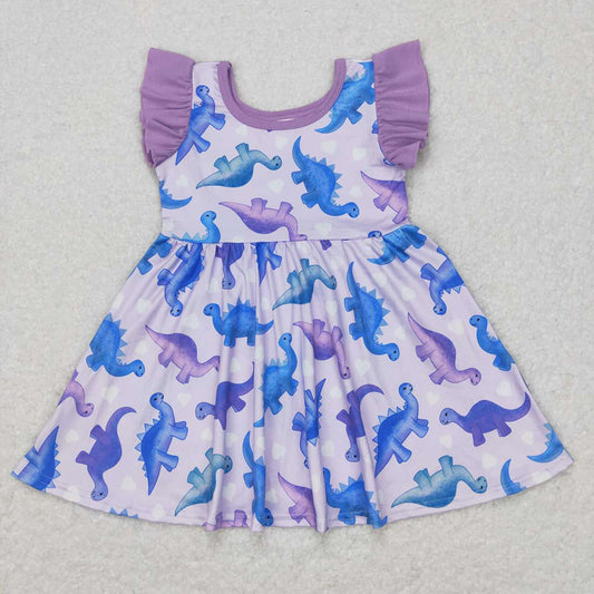 Baby Girls Purple Dinosaur Flutter Sleeve Knee Length Dresses