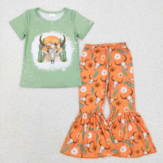 Baby Girls Western Cow Cactus Tee Flowers Bell Pants Clothes Sets