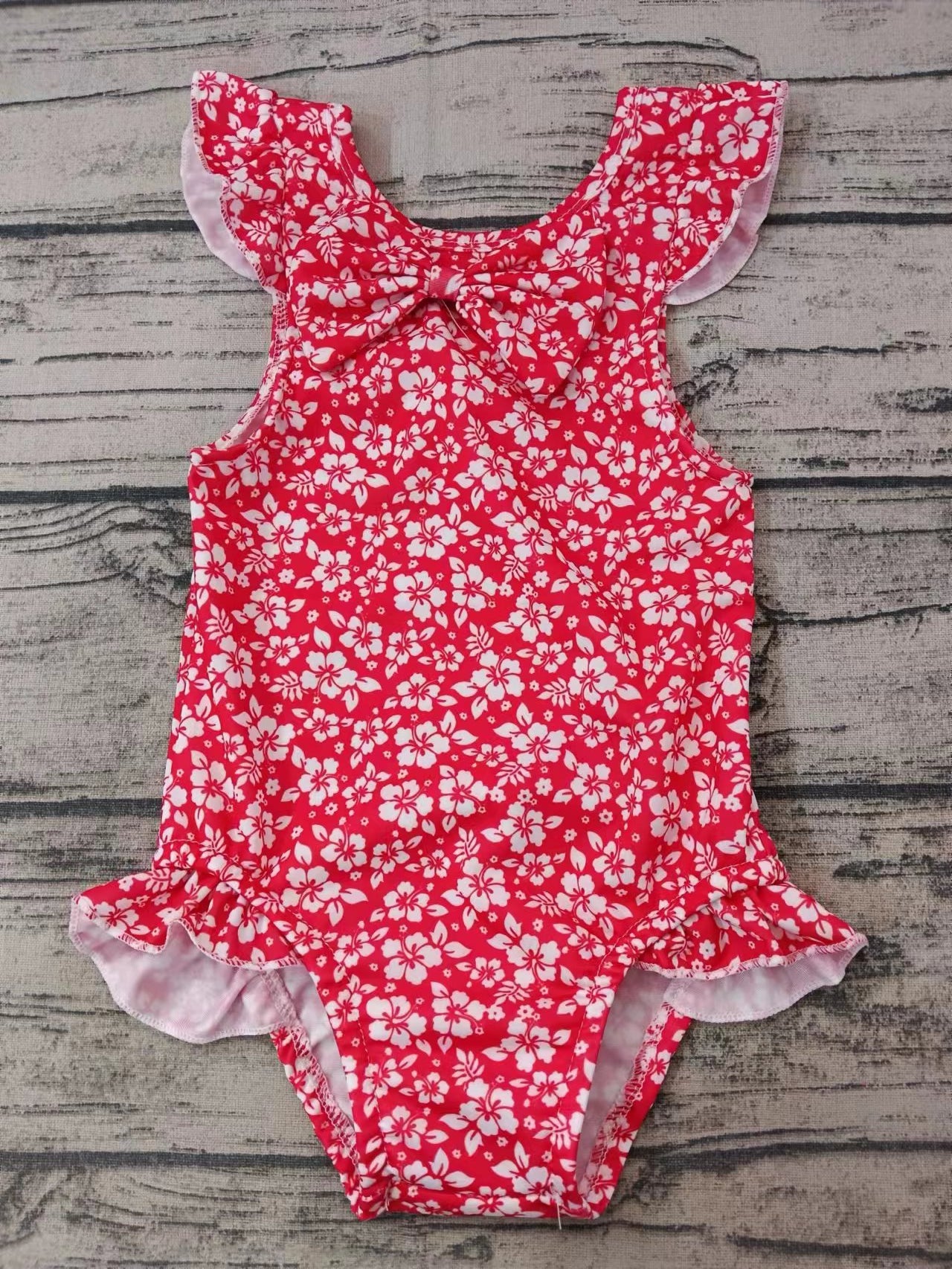 Baby Girls Red Flowers Ruffle One Piece Swimsuits Sets preorder (moq 5)