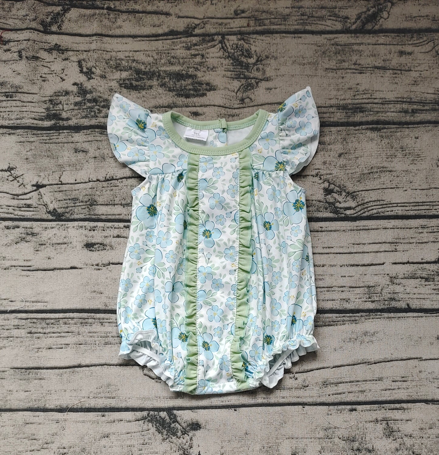 Baby Infant Girls Green Flowers Ruffle Rompers